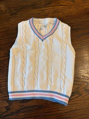 Janie and Jack Cable Knit V-Neck Sweater Vest in Cream with Blue & Pink Trim 2T